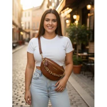 Imagem de Bolsa de Cintura com Corrente em relevo croco, Pochete Unissex Vintage
