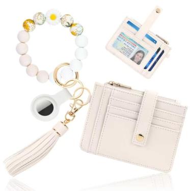 Imagem de Sunpour Chaveiro de pulso com carteira, porta-cartão RFID com AirTag, pulseira de contas de silicone impressa e bolsa de moedas, Bege, 0.3*4.97*3.6