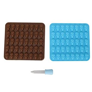 Imagem de Molde de silicone de caveira, bandeja de cubos de gelo, 2 peças, conjunto de halloween, chocolate, fondant, doces, decorações para festas, aniversários, cozinhas, marrom, azul