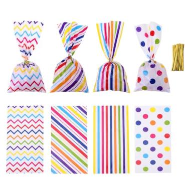 Imagem de 100 sacos de presente retangulares de 28 x 12,7 cm com 100 fitas douradas, sacos de presente retangulares, 4 padrões, material OPP para pequenos lembrancinhas, biscoitos, doces, pipoca, cor arco-íris