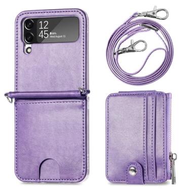 Imagem de Capa carteira retrô de couro PU com compartimento para cartão crossbody capa com corrente para Samsung Galaxy Z Flip 5 ZFlip 4 ZFlip5 capa, roxa, para Samsung Z Flip 4