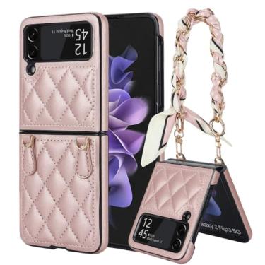 Imagem de Pulseira capa de couro para samsung galaxy z flip 4 3 5g flip4 flip3 lenço de seda corda alça de pulso capa fosca, ouro rosa, para samsung z flip 3