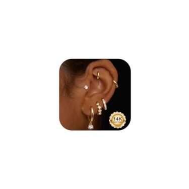 Imagem de FUNRUN JEWELYR Brincos de argola pequenos banhados a ouro 14K para mulheres, hipoalergênicos, cirúrgicos, de aço inoxidável, grossos, para piercings múltiplos, brincos de cartilagem na moda, Aço