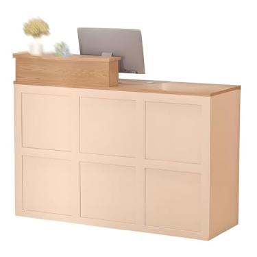 Imagem de Mesa de recepção moderna com gaveta trancável e grande armazenamento - balcão frontal com ilhós de cabo - Balcão de varejo para salão de compras - Acabamento natural - 100 cm