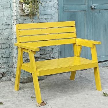 Imagem de Banco de jardim para pátio, cadeiras de sofá de madeira ao ar livre, com apoios de braços, assento e encosto de ripas, para parque, quintal, varanda, gramado, varanda, quintal (cor: amarelo, tamanho