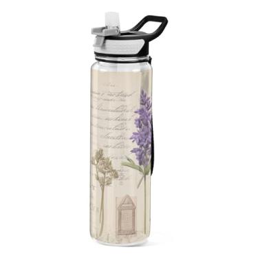 Imagem de Burbuja Garrafa de água vintage lavanda de 940 ml com tampa de palha, à prova de vazamento e livre de BPA para academia, esportes ao ar livre