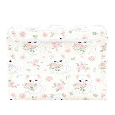 Imagem de Burbuja Caixa de armazenamento de flores de gato branco com tampa e alças, caixa de armazenamento grande dobrável para prateleiras armário quarto escritório organizador