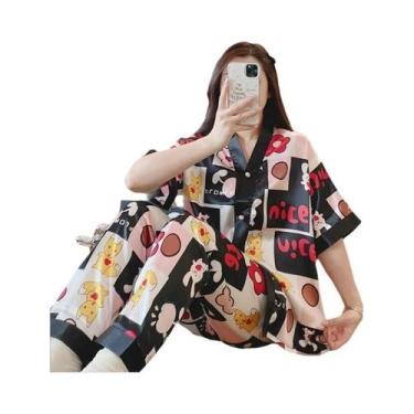 Imagem de Conjunto De Pijama Feminino De Verão Em Seda Gelada, Manga Curta, Caim