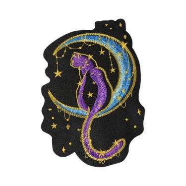 Imagem de Patch Bordado Grande De Gato, Lua E Estrela, Termocolante E Costurável