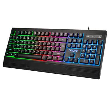 Imagem de CHONCHOW Teclado ergonômico de LED arco-íris para jogos e trabalho, teclado USB com fio RGB retroiluminado com descanso de pulso, 104 teclas silenciosas para PC, Xbox, PS4, PS5, laptop
