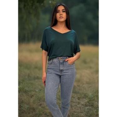 Imagem de Blusa Básica Morcego Malha Gola V Manga Curta Verde Musgo - P-Veste do 38 ao 40-Feminino