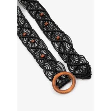 Imagem de Cinto de Macramê Preto com Esferas e Fivela em Madeira - Único-Feminino