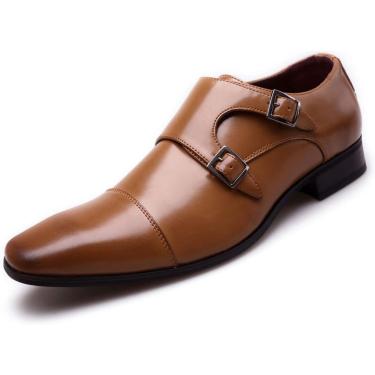 Imagem de Mens Double Mon Strap Slip on Loafer Cap Toe Couro Oxford Apontou Formal Business Casual Confortável Sapatos para Homens, Marrom, 11 Reino Unido