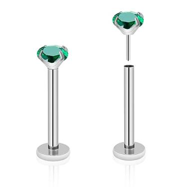 Imagem de ZYTAIJEW 2 peças G23 titânio 20G/18G/16G 6mm-12 mm anel de nariz plano push-in sem rosca 3 mm Prong CZ Monroe Labret anéis labiais Helix Nail cartilagem tragus brinco piercing joias, Titânio, Sem