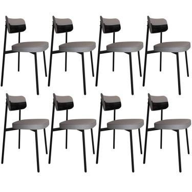 Imagem de Kit 08 Cadeiras Estofada Para Sala De Jantar Astrid Preto C01 Linho Cinza Courino Preto - Lyam Decor