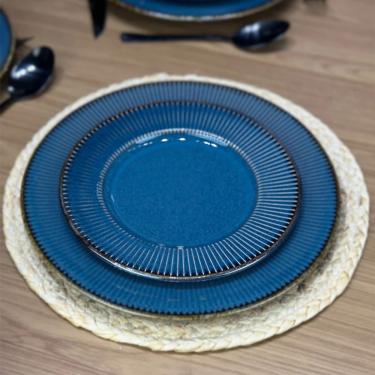 Imagem de Jogo 12 Prato De Sobremesa Ceramica Azul Linear Rústico 20cm Lyor