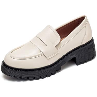 Imagem de U-lite Sapato feminino clássico simples salto médio Oxfords Penny loafers confortável slip on social, Branco marfim, 9
