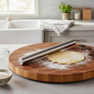 Imagem de Rolo de massa de aço inoxidável liso para assar fondant, pizza, torta, pastelaria, massa, massa, biscoitos – resistente, fácil de limpar, superfície antiaderente de 20 cm