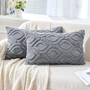 Imagem de MIULEE Capas de almofada cinza azul 30,5 x 50,8 cm, conjunto de 2 fronhas decorativas boêmias de pelúcia macia de lã sintética para sofá, sala de estar e cama