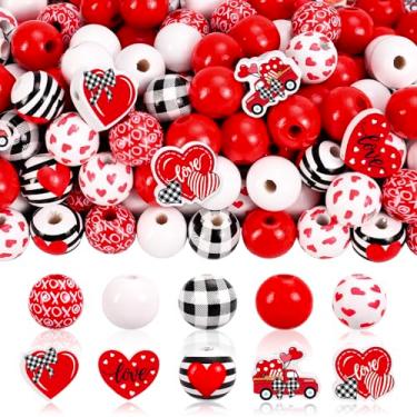 Imagem de Whaline 195 peças de contas de madeira do dia dos namorados contas soltas redondas listradas vermelhas coração amor caminhão artesanato contas para fazer você mesmo pulseira colar casamento dia das