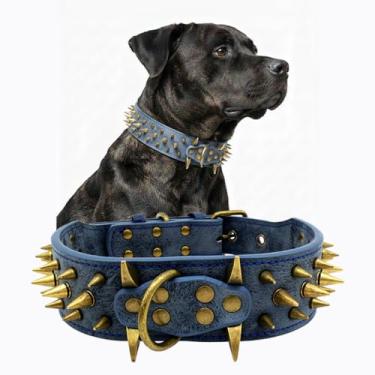Imagem de Coleira para cachorro UVONOKAY Sharp Spiked Studded – Coleiras para cachorro de couro estilosas – serve para cães de tamanho médio e grande (P 39,9-50,8 cm, total 55,8 cm), azul)