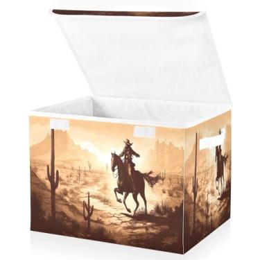 Imagem de Blueangle Cestos de armazenamento American West Cowboy com tampas, 42 x 32 x 30 cm, grande cesta organizadora dobrável para decoração de casa e escritório (529)