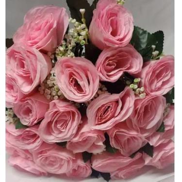 Imagem de Rosa Artificial Decorativa com 24 Flores – Buquê para Arranjos, Festas, Casamento e Decoração de Interiores(Rosa Bebê,Kit com 3)