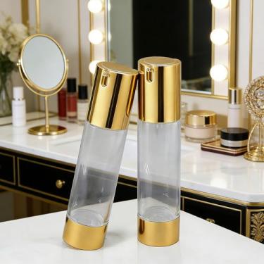 Imagem de 2 frascos de bomba Airless de 50 ml, garrafa de viagem cosmética a vácuo para desinfetante para as mãos, óleo de cabelo, loção, creme facial (dourado)