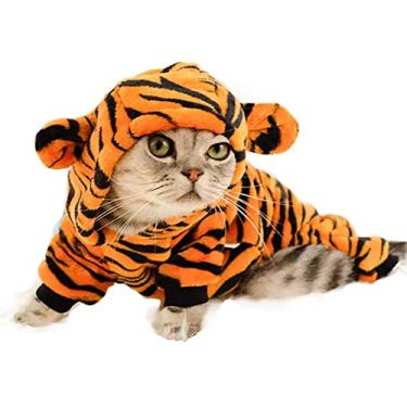 Imagem de MQQYLBHDS Moletom com capuz para cachorro tigre Halloween com orelhas de coelho e cauda de filhote de cachorro quente casaco com capuz roupas de inverno para cães pequenos e médios gatinho (laranja