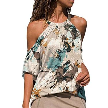 Imagem de Blusas femininas de treino com ombros de fora, de manga curta, blusas fofas de verão, de algodão, recortadas, túnica formal, Bege, M