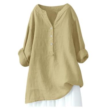 Imagem de Blusas femininas de verão com botões sólidos de algodão e gola redonda para mulheres 2024 com acabamento de babados nas costas blusa solta de verão, Cáqui A3, XXG