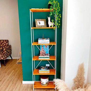 Imagem de Estante Torre Industrial de Ferro e Madeira Slim 6 Prateleiras Carvalh