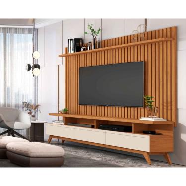 Imagem de Conjunto Rack Vivare 1.8 Com Painel Classic Ripado para Tv até 72 Polegadas Nature com OffWhite - Rede Móveis