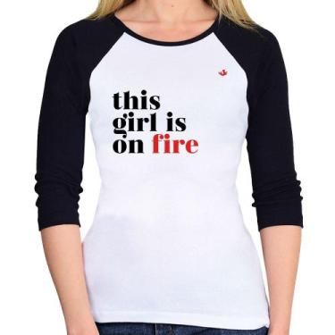 Imagem de Baby Look Raglan This girl is on fire Manga 3/4 - Foca na Moda, Branco