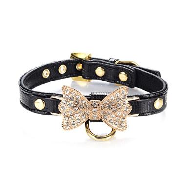 Imagem de Coleira de couro dourado brilhante diamante Giltter da LOVPE com anel para etiquetas para cães pequenos, gatos, filhotes e gatinhos andando presentes de festa de viagem Tedd, cachorro de poodle, buldogue e Yorkshire TerrierLOVPE XS preto