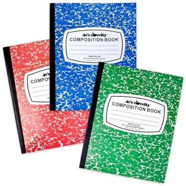 Imagem de Cadernos de composição pautada ampla [pacote com 3] 100 folhas 24,8 cm x 19 cm - capa dura vermelha azul verde lindas cores de mármore, livro de composição a granel, material de volta às aulas para