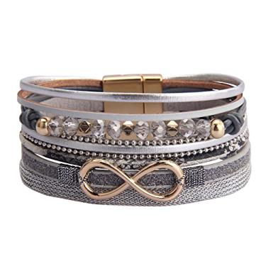 Imagem de AZORA Pulseira feminina de couro barroco pérola envolvente pulseiras lindas pulseiras de ouro feitas à mão, joias boêmias, presente para mulheres, 7.8 inches, Couro, Zircônia cúbica