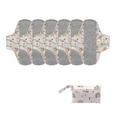 Imagem de KUMUROETA Forro de calcinha de pano, absorvente higiênico lavável com asas, almofadas menstruais laváveis reutilizáveis, 7 peças/conjunto, pacote com 6 + 1 bolsa de armazenamento, adequado para