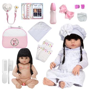 Imagem de Bebe Reborn Princesa Morena Enxoval Completo Vestido Branco