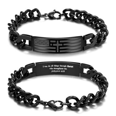 Imagem de Saintda Pulseira masculina com cruz com bandeira americana - Corrente cubana preta de 33,5 cm com versículo da Bíblia, joia masculina religiosa de comprimento ajustável para fé, Medium, Sem Pedra