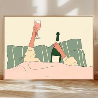 Imagem de Pôster de parede feminino bebendo vinho champanhe na cama, pintura de bebida alcoólica, rosa, carrinho de parede, decoração de parede, coquette, pôsteres estéticos, estampas feministas para quarto
