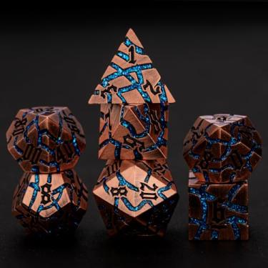 Imagem de Dice Set D&D Dungeons and Dragons Dice D20 Metal DND Dice Set with Box, Polyhedral Role Playing Dice D12 D10 D% D8 D6 D4 for MTG RPG Board Games… (Antique Copper Bright Blue)