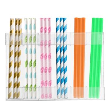 Imagem de lasuroa Suporte Canudos Acrílico, 6 Espaços Organizador Canudos Tumbler de Armário com Fita Dupla Face, Reutilizáve Dispensador & Recipiente Armazenamento para Cozinha Bancada (Transparente)