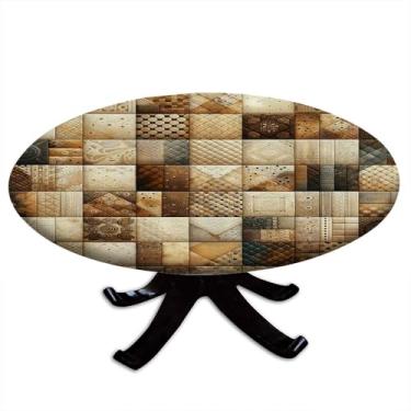Imagem de VBTGVE Toalha de mesa redonda marrom, inspirada em patchwork em quadrados de blocos de conceito boêmio, adequada para mesas de jantar, festas de autoatendimento e acampamento, adequada para mesa de