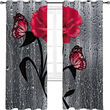 Imagem de Cortina blackout floral com ilhós, flor de gota de chuva, rosa borboleta, tecido impermeável, cortina de isolamento de cozinha com tratamento de sombreamento completo, L 106 x C 213 cm vermelha