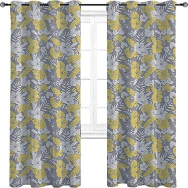 Imagem de Cortinas blackout Havaí – Cortinas de quarto e sala de estar com isolamento térmico, economia de energia e redução de ruído, trançado de três camadas, L 213 x C 213 cm, amarelo pálido cinza e branco