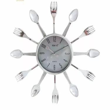 Imagem de Relogio Parede Cozinha Talheres Estilo Retro Decorativo Branco Moderno Colher Garfo Elegante