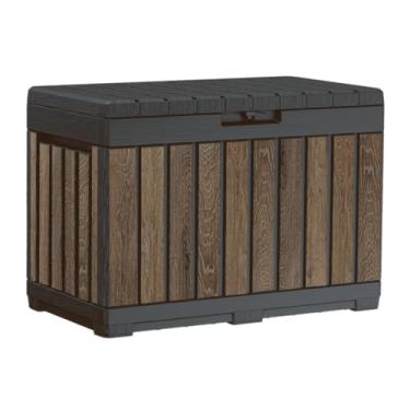 Imagem de Keter Signature Everwood Caixa de armazenamento externo de resina de 50 galões e mesa lateral de móveis de pátio para acessórios de piscina e jardim, nogueira