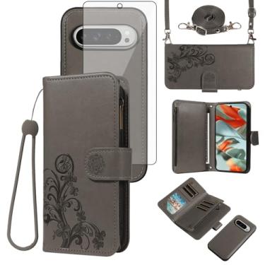 Imagem de Asuwish Capa de celular para Google Pixel 9 Pro XL com zíper carteira magnética destacável com protetor de tela de vidro temperado alça transversal porta-cartões de flores Pixel9 9Pro 9ProXL nove