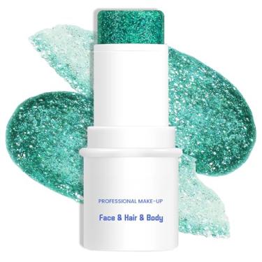 Imagem de LOKFAR Bastão de maquiagem verde com glitter para corpo e rosto, gel multiuso à prova d'água com glitter para rosto, corpo e lábios, bastão de tinta de lantejoulas holográficas, acessórios de